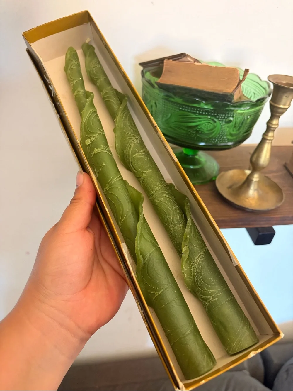 Hand-Carved Green Twist Taper Candles-